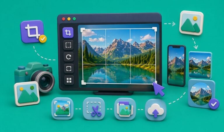 Photo editing interface with image cropping tool and multi-device image optimization illustration