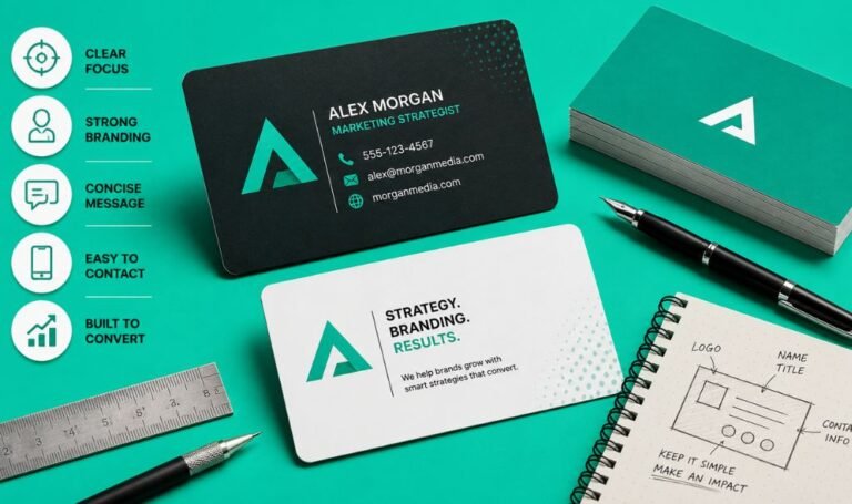 Minimalist business card design template with clear focus, strong branding, and concise message layout