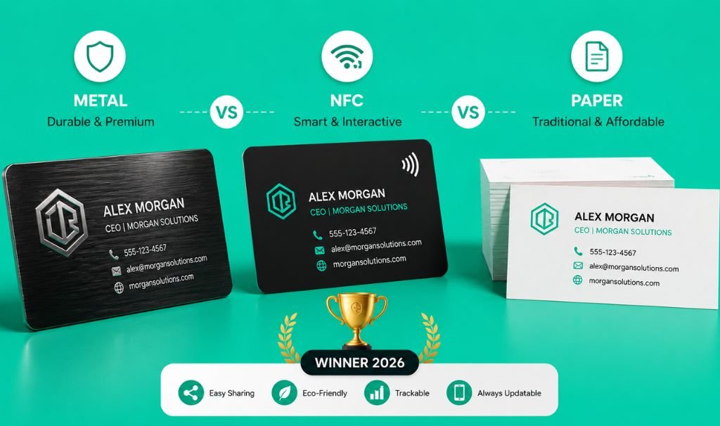 Metal business card vs NFC smart digital card vs traditional paper business card comparison with features