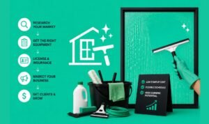Infographic on how to start a window cleaning business, featuring a 5-step process and cleaning equipment on a green background.
