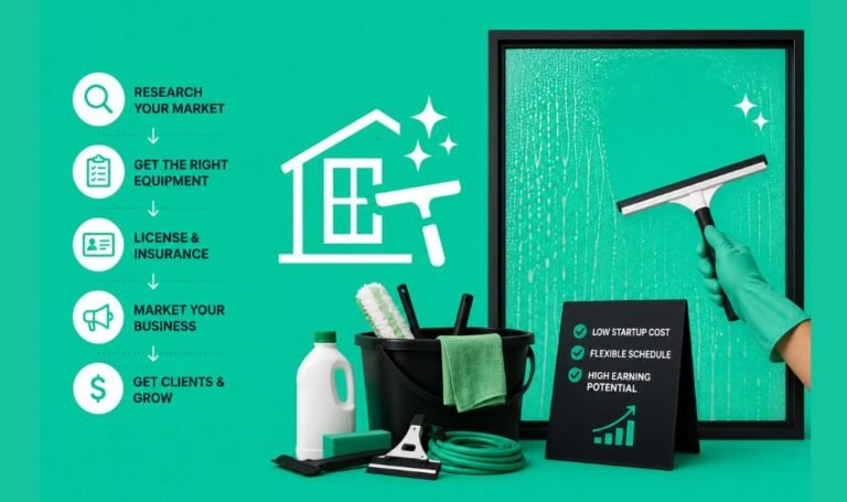 Infographic on how to start a window cleaning business, featuring a 5-step process and cleaning equipment on a green background.