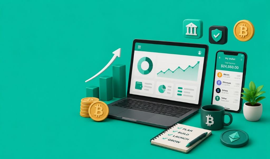 Laptop and smartphone displaying cryptocurrency business growth charts, wallet balance, and launch checklist
