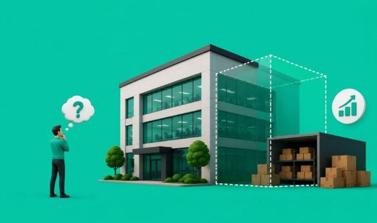 Illustration of a Business Owner Standing Next to an Office Building and Local Storage Space Showing Company Growth and Space Planning
