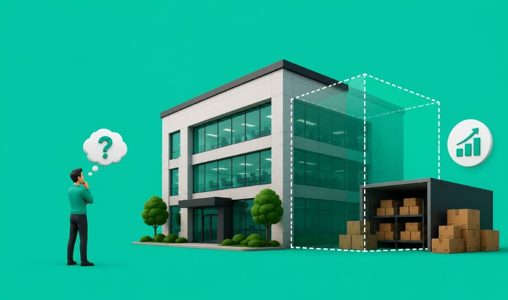Illustration of a Business Owner Standing Next to an Office Building and Local Storage Space Showing Company Growth and Space Planning