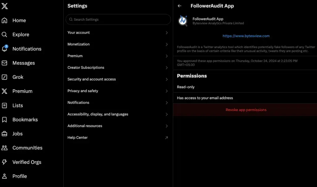 FollowerAudit third-party app permissions page in X settings showing the red Revoke app permissions button