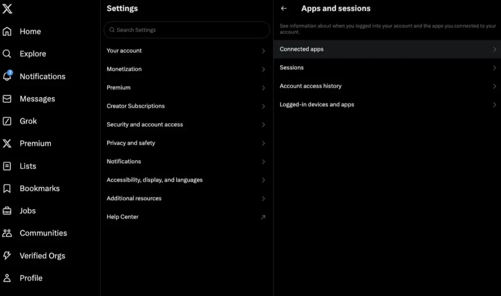 X Security and account access settings page showing Apps and sessions section with Connected apps option