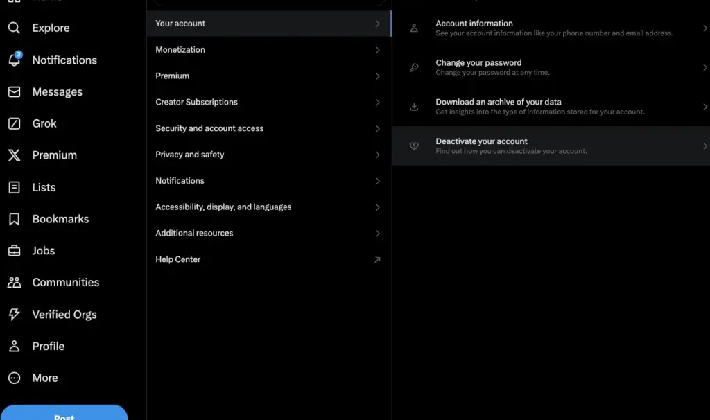X settings menu showing your account section with deactivate your account option highlighted in dark mode