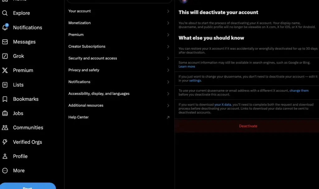 X account deactivation confirmation page showing 30-day restoration window and the red Deactivate button at the bottom