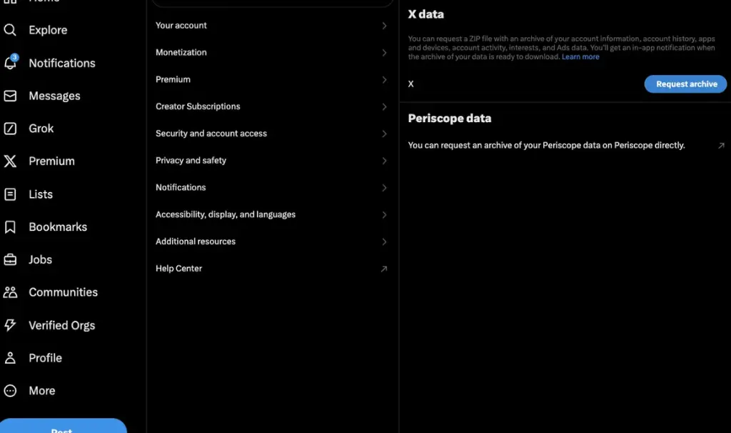 X data archive download page showing the Request archive button to download your full account data as a ZIP file