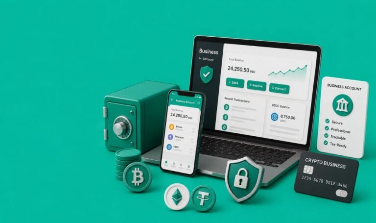 Secure crypto business banking dashboard on laptop and mobile device.