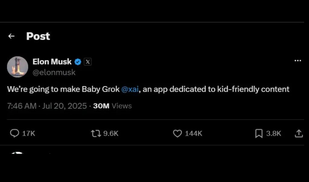 original announcement from Elon Musk regarding baby grok